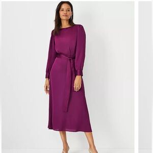 Ann Taylor Puff Shoulder Belted Flare Satin Midi Dress